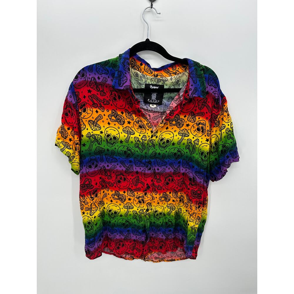 Spencer Men Skeleton Button Front Rainbow Shirt‎ Sz XL Pride Festival Grunge